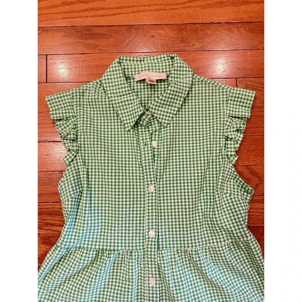 Monteau Los Angeles Girls Large Green Gingham Tiered Button Front Dress L